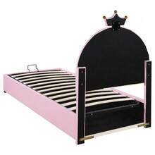 Upholstered Bed 90*200, Hydraulic Bed, With Slatted Base And Headboard, Children's Bed, Wooden Slatted Frame, Easy Assembly, Height-Adjustable Headboard, PU, Pink - Pink - View 10