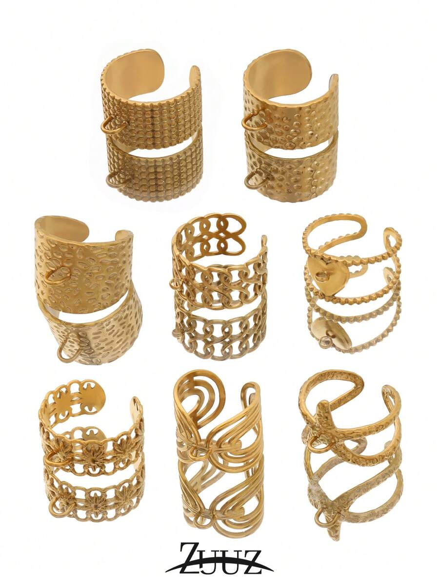 2个不锈钢几何宽环可调节开口环，适用于DIY戒指，带跳环底座，戒指包边篮式珠宝配件 - 戒指底座 - 查看 1