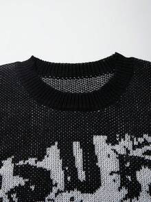 BLACKTOEXIT 春夏男士中性肖像圖案半透舒適街頭風休閒百搭通勤羅紋圓領短袖針織毛衣 - 黑色 - 查看 8