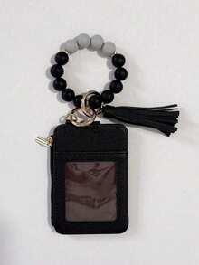 Silicone Beaded Bracelet Wristband With PU Leather Mini Wallet - Vintage Tassel Card Holder Keychain, Holds ID Credit Business Card, Perfect Gift For Women Birthday Christmas Thanksgiving Vacation - Black - View 2