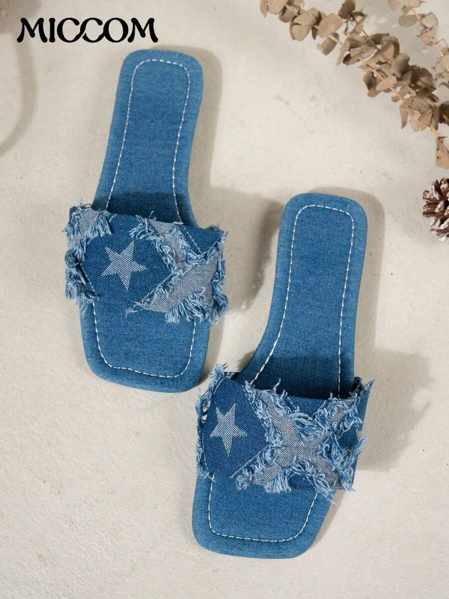 Women's Fashion Flat Sandals With Square Toe, Versatile Slip On Flat Sandals For Spring And Summer - Blue - View 1