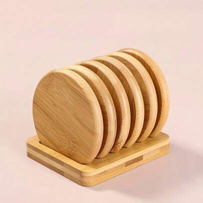 5pcs Set/7pcs Bamboo Coasters With Storage Rack - Simple And Creative Round Heat-Insulating Coasters, Perfect For Home Decoration, And Suitable For Protecting Tea Sets And Cups