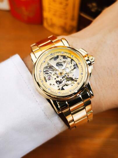 T-WINNER 1pc Fashion Elegant Ladies Watches Top Brand Luxury Skeleton Automatic Mechanical Watch For Women Stainless Steel Strap Business Casual Wristwatches Gifts With Box