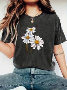 Ladies' Washed Cotton T-Shirt Short-Sleeve T-Shirt With Letter Print - Xám - Xem 1