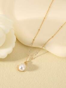 1件流行女士时尚优雅休闲可爱珍珠贝壳吊坠项链，婚礼订婚派对珠宝礼物 - 金色 - 查看 2