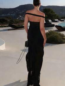 Elegant Off Shoulder Maxi Dress For Women, Ruched Mesh Sheer Draped High Split Bodycon Evening Gown Wedding Black Spring Party - Black - View 11