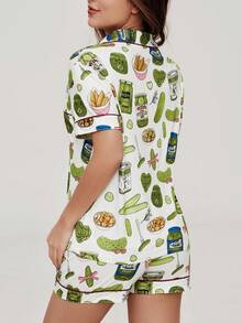 2pcs Women Vegetarian Print Short Sleeve Shorts Pajama Set, Comfortable Polo Collar Pink Patchwork Knit Top With Front Button Pockets, Elastic Waist Pants, Suitable For All Seasons Casual Loungewear - 白色 - 查看 3