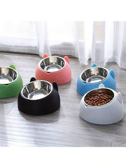 PETSIN Stainless Steel Slanted Cat Bowl With Adorable Ear Holder - Tilted 2-In-1 Feeding And Drinking Bowl, Protects Pet's Neck, Suitable For Pet Owners, Cat, Dog And Small Pets, Great Gift For Parents, Friends, Couples, Neighbors