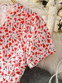 女士夏季印花蕾丝边V领短袖优雅度假连衣裙 - 紅色 - 查看 4