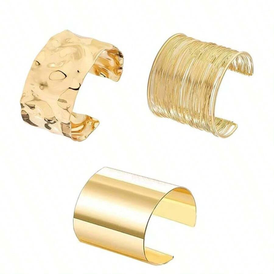 3pcs/Set Chunky Gold Bangle Bracelets, Women's Gold Exaggerated Bangle Set, Armlet, Punk Style Jewelry - Gold - View 1