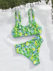PEPPERMOLLY 新款花卉软杯可调节肩带时尚比基尼女士夏季沙滩时尚泳装套装度假 - 綠色 - 查看 3
