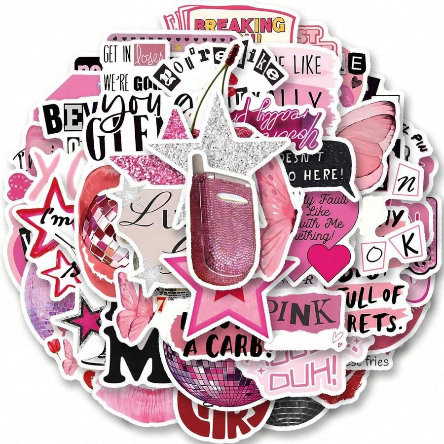 50pcs Pink Korean Wave Stickers, Y2K Stickers, Aesthetic Stickers, Pop Culture Stickers, Waterproof Vinyl Stickers, Aesthetic Notebook & Laptop Sticker Set, Skateboard Stickers, Water Bottle Stickers, Notebook Stickers