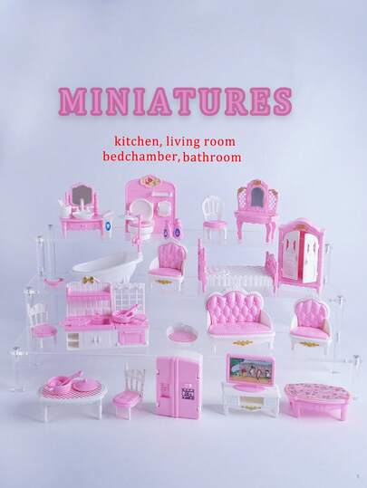 11 piezas/22 piezas Accesorios de casa de muñecas de plástico en estilo europeo rosa y marrón para baño, sala de estar y dormitorio, juguetes de casa de muñecas de princesa europea DIY, accesorios para fotos, regalo de cumpleaños/festividad, el patrón aleatorio del empaque puede causar compresión durante el envío