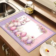 1pc Rabbit & Easter Egg Pattern Printed Absorbent Dish Drying Mat, Espresso Machine Countertop Pad, Sink Drain Mat, Faucet Splash Guard, Bathroom Cup Coaster, Home Decor, Easter Decoration, Easter Gift - Multicolor - View 3