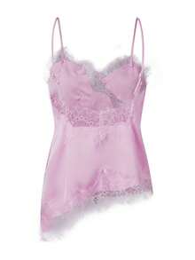 Women Satin Lace Camisole Top Sleeveless Spaghetti Strap Silk Lace Trim Cami Top Asymmetrical Tank Top Streewear - 粉色 - 查看 5