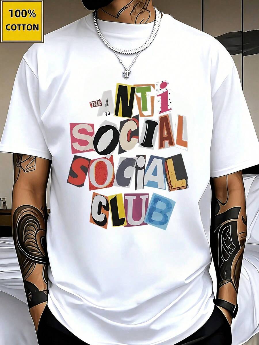 Anti Social Club Printed TShirts Casual Sport ShortSleeved Tee And 100% Cotton Spring And Summer Graphic T Shirts Fashion Men'S Top A Great Valentine's Day Gift Valentine Outfits For Men Mardi Gras Gift - 白色 - 查看 1