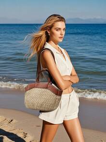 女士大容量帆布手提袋，新款时尚跨境帆布手提袋，时尚购物袋 - 棕色 - 查看 8