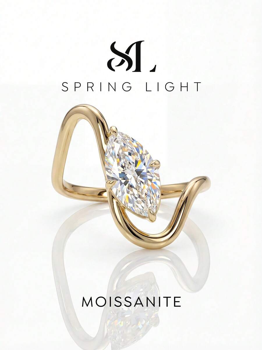 Nhẫn đính hôn, nhẫn cưới, nhẫn kỷ niệm sang trọng bằng bạc sterling 925, đá Moissanite hình mắt cong độc đáo 1 carat, quà tặng trang sức cho nữ, quà Giáng sinh. - Nhẫn Moissanite cong phù hợp - 1ct - Xem 1