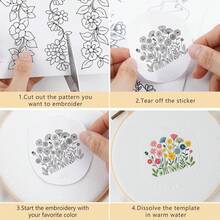 4 piezas Juego de patrones de bordado floral, papel estabilizador autoadhesivo y soluble en agua con hilo de bordado y aguja, adecuado para manualidades DIY - A - Ver 7