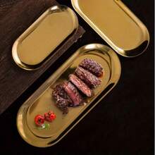 创意金属椭圆形托盘（金色），圣诞金色餐盘，水果盘，甜点盘，小吃盘，沙拉盘，蛋糕盘，适用于餐厅厨房、餐桌、厨房、圣诞节 - 金色 - 查看 7