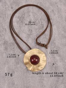 1件极简条纹圆形合金吊坠项链，镶嵌圆形红色树脂，男女通用，个性化编织棕色蜡绳长链，情侣礼物，音乐节派对礼物 - 金黃色 - 查看 9