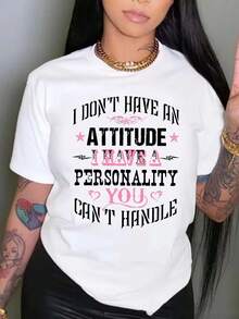 Women's Bold Statement T-Shirt - "I Have No Attitude" Funny Quote White Short-Sleeve Top, Black And Pink Accents - Soft Everyday Casual Shirt, Machine Washable, Suitable For All Seasons, Loose Fit, Fun Design, Breathable Fabric, A Must-Have For Confident Women - Unisex Loose - Fit Comfortable Vintage Street - Style Cotton T-Shirt Top - White - View 1