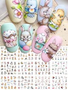 12 piezas/paquete Pegatinas de uñas con diseños de conejo de dibujos animados, conejo lindo, zanahoria, mariposa, letra, mariposa, rosa flor impresa DIY adorable Pascua vacaciones salón de uñas transferencia de agua decoraciones de arte de uñas - Multicolor - Ver 2