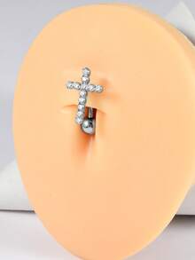 1PC Stainless Steel Reverse Zirconia Cross Belly Button Ring 14G Zirconia Dangle Reverse Navel Piercing Hook Piercings Jewelry - As Shown - View 4