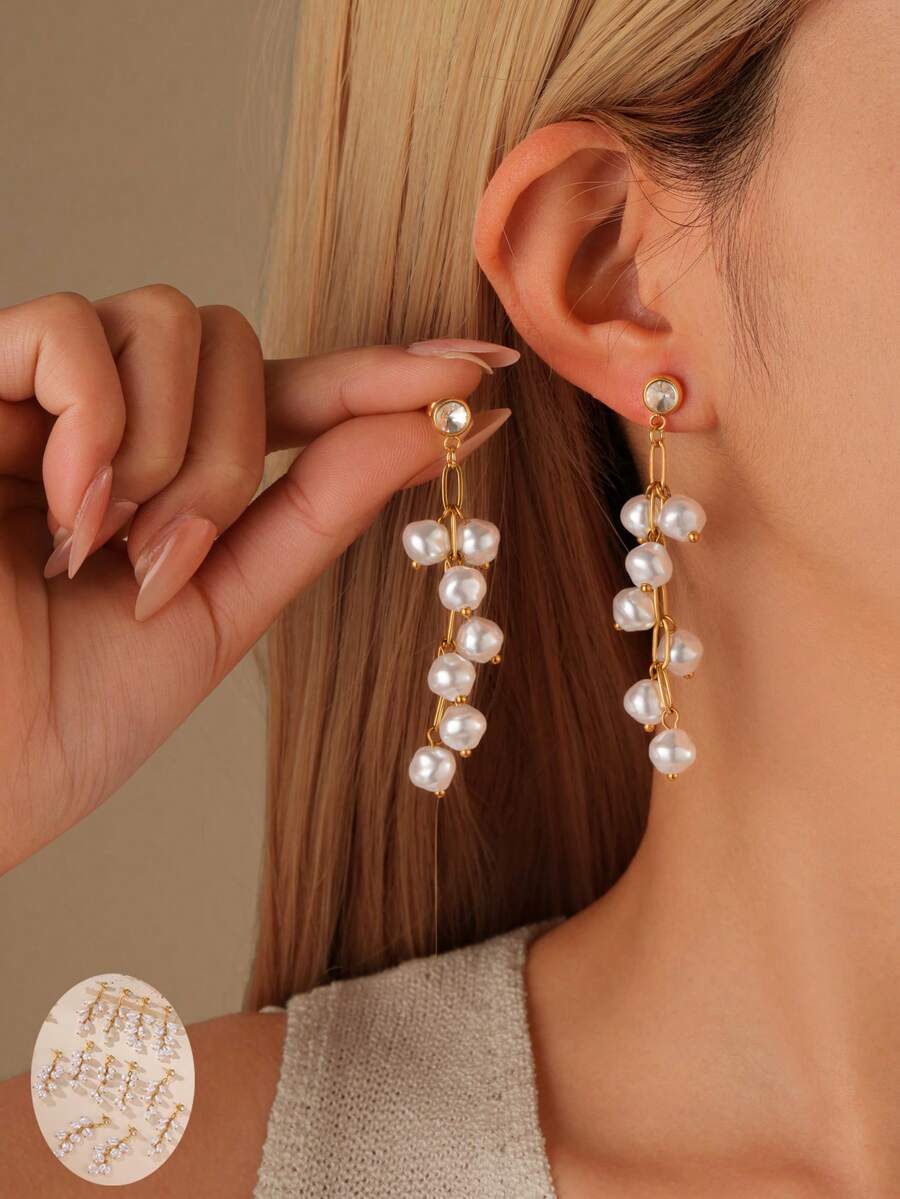 GEREIT 2pcs Minimalist Faux Pearl Tassel Long Earrings, Elegant Design, 18K Stainless Steel, Suitable For Women's Daily Wear - Gold - View 1