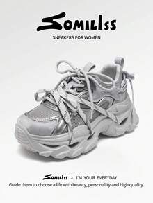 somiliss 女士6厘米厚底软底运动鞋，双系带，舒适轻便休闲运动鞋，时尚百搭，适合日常通勤和四季穿着，2026新款灰色 - 灰色 - 查看 3