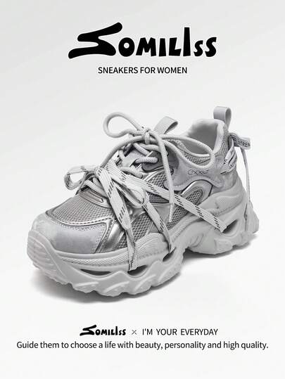 somiliss 女士6厘米厚底软底运动鞋，双系带，舒适轻便休闲运动鞋，时尚百搭，适合日常通勤和四季穿着，2026新款灰色