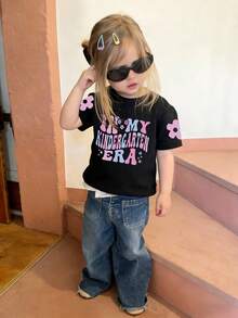 Baby Girls Bow Print Round Neck Short Sleeve Cute Top - Black - View 8