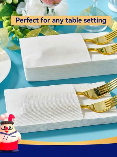 50/100片装白色纹理一次性餐巾，带餐具袋 - 优雅适用于婚礼、派对、节日和特殊场合的餐桌布置 | 精致的餐桌摆设 | 餐具收纳设计，亚麻白色一次性餐巾，适用于婚礼、派对、晚宴或任何场合