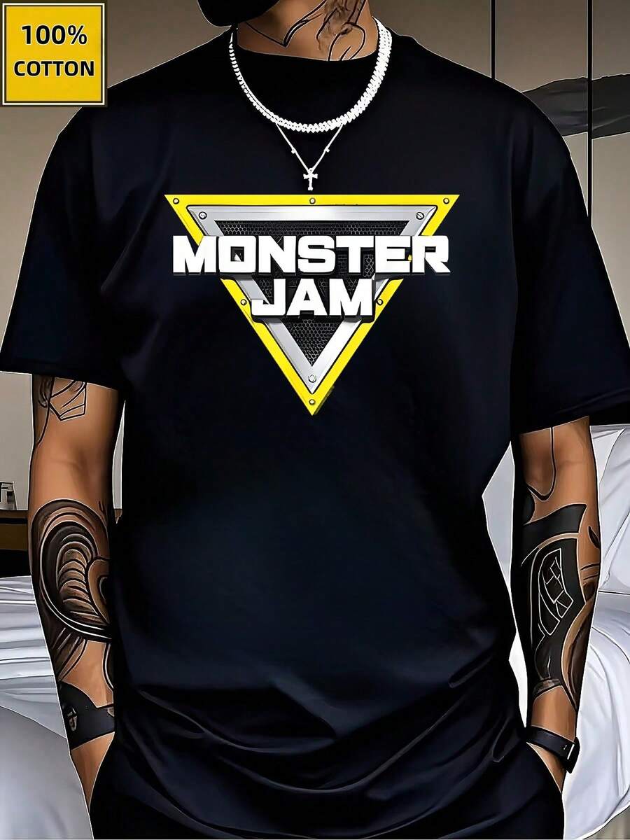 Monster Jam Printed TShirts Racing Sport ShortSleeved Tee 100% Cotton Spring Summer Graphic T Shirts Fashion Men'S Top A Great Valentine's Day Gift Valentine Outfits For Men Mardi Gras Gift Casual Tee - màu đen - Xem 1