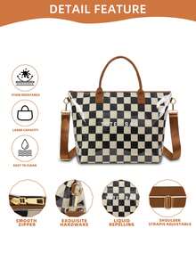 Plus Size Women Checkered PVC Tote Bag, Waterproof Shoulder Bag With Adjustable Strap, Suitable For Commuting - Black and White - View 5