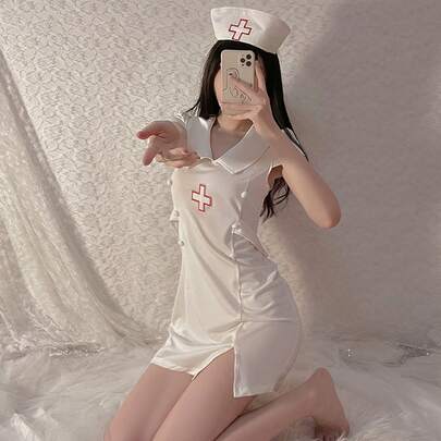 2pcs,Short Sleeve Collar Short Nurse Cosplay Dress With Slit Hem And Button Detail White