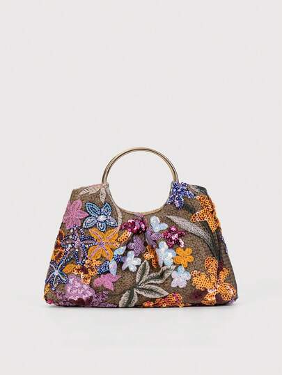 花卉刺绣草编手提包，配金属环手柄，波西米亚风度假手提包