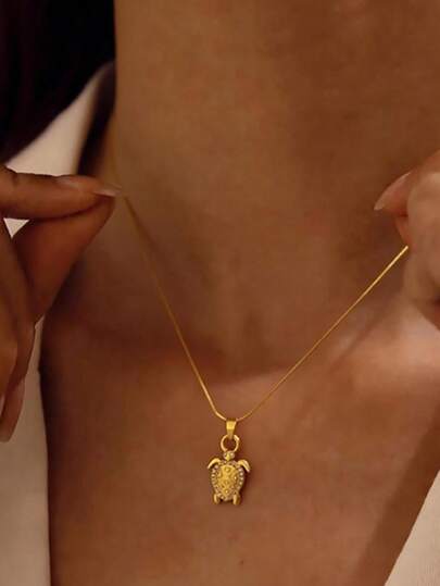 1件装锆石海龟项链，女士金色不锈钢水晶海龟吊坠项链，经久耐用，适合派对、婚礼等场合佩戴，可作礼物。