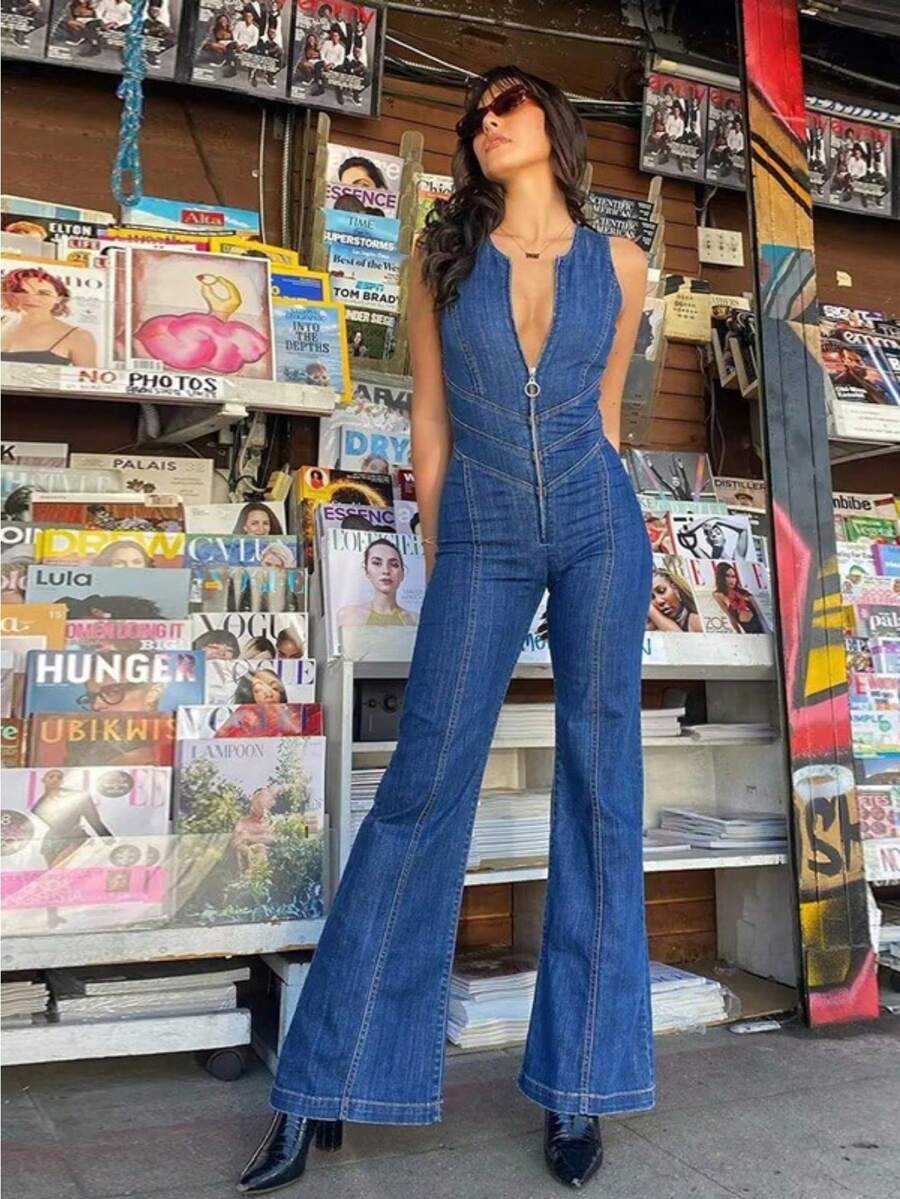 European And American Clothing 2026 Summer New Slim Slimming Fashion Street Photography Retro Style High-Waisted Washed Denim Jumpsuit - 藍色 - 查看 1