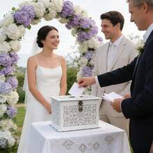 Boîte cadeau florale ronde en bois blanc/naturel, boîte d'enveloppe de mariage rouge, boîte d'enveloppe et de carte cadeau en bois rustique DIY avec fente de verrouillage (argent), convient pour le mariage, l'anniversaire, la remise des diplômes, la fête d'anniversaire - Multicolore - Voir 5