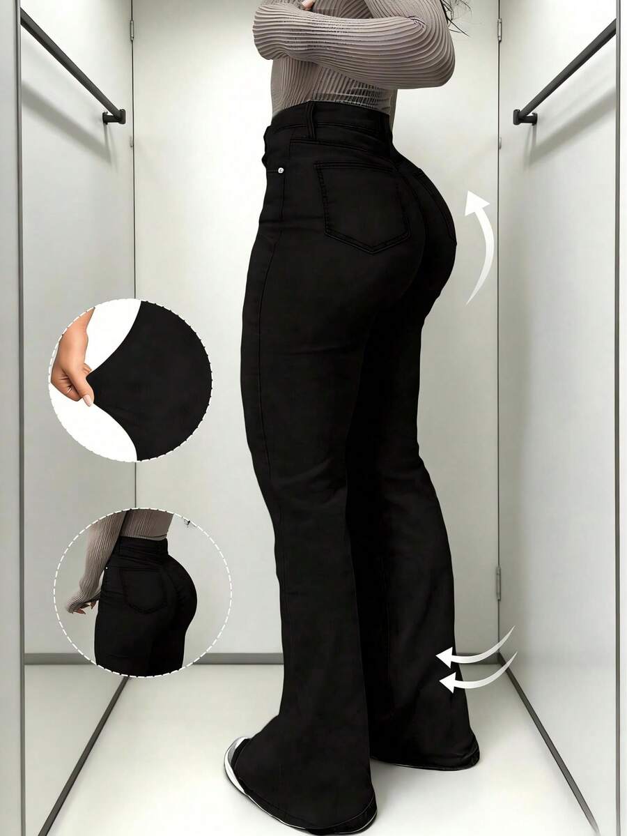 Vaqueros para Mujeres Color Sólido Fondo Acolchado Tejido de Algodón Elástico Cintura Alta Ajuste Slim Estilo Casual Vaqueros Acolchados Cierre de Botón Elástico Versátil Pantalones de Levantamiento de Cadera Lavar en Máquina - Negro - Ver 1