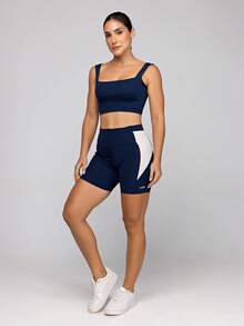 LOT FITNESS Women's Fitness Set: Gym Top With High Support And Shorts With Pockets - Frame - 藏蓝色 - 查看 3