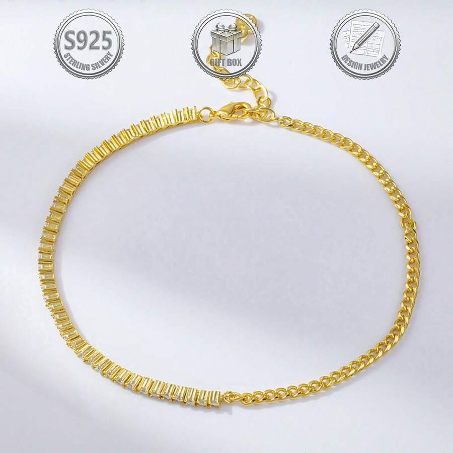 1 pieza Elegante pulsera de doble cadena de plata de ley 925, adecuada para uso diario, fiesta, vacaciones, citas, regalo - Dorado - Ver 1