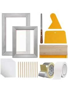 Screen Printing Kit 2 Pieces Aluminum Silk Screen Printing Frames 8x10 10x14in 110 Count Mesh 2 Tapes And Screen Printing Squeegees And Transparency Films For T-Shirts DIY Printing - Silver - View 8