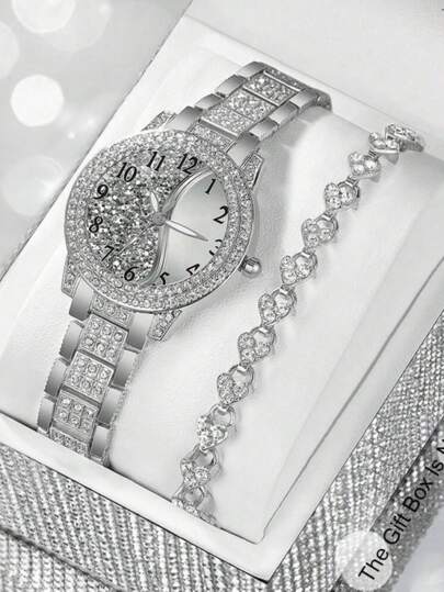 2pcs Women's Stylish And Casual Roman Dial Dial Full Rhinestone British-Style Wristwatch, Paired With A Jewelry Accessory Set And A Fashionable Rhinestone Bracelet Set. Suitable For Weddings, Celebrations, Business Gifts, Annual Meetings, Employee Gifts, High-End Business Women, Everyday Wear, Birthday Gifts