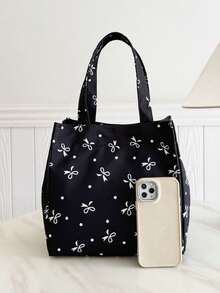 Portable Insulated Lunch Bag; Thickened Cute Lunch Fruit Bag For Students; Pink Asymmetrical Bowknot & Heart Print - Black - View 6