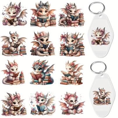 CHNVICK 60pcs Dragon Book Design Style UV DTF Keychains Wrap Transfers, Permanent Rub On Stickers For Keychain Blanks, High Viscosity DIY Transfer Paper For Acrylic & Metal Keyrings (No Keychains, Only Transfer Papers)