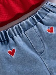 2pcs Baby Girls Summer Fashion Waffle Camisole Top & Heart Embroidered Pants Set, Versatile For Daily, Vacation, Commute, School, Outdoor - Red - View 4