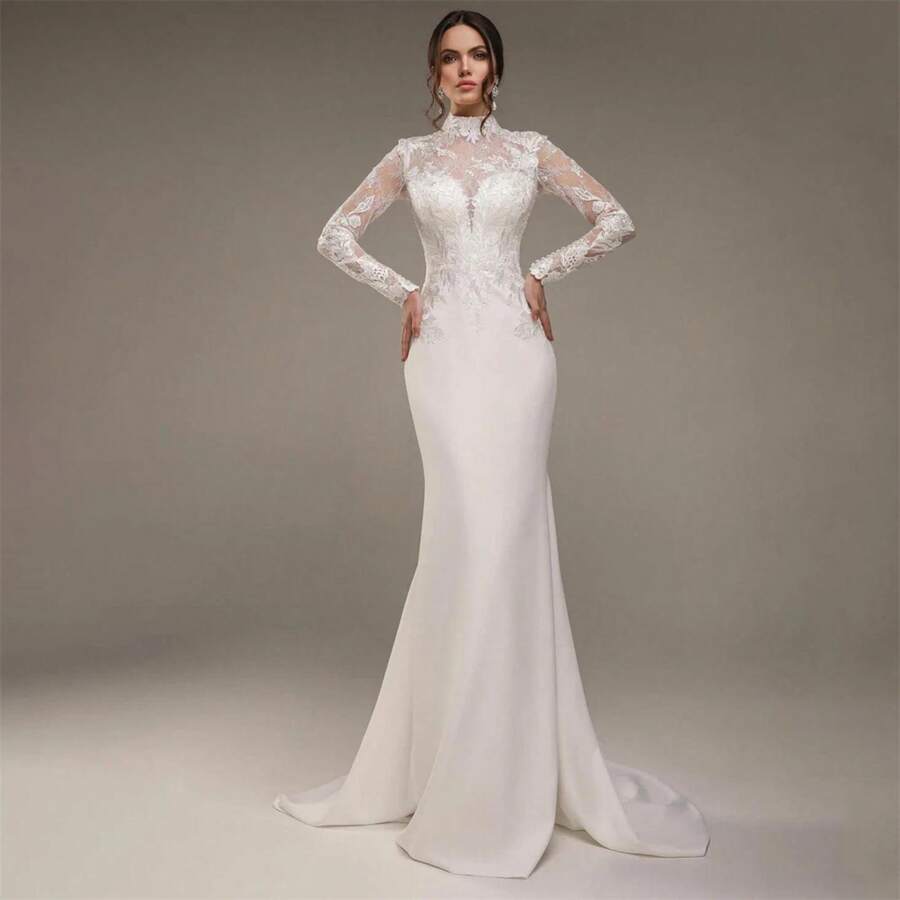 Elegant Sexy Long Sleeves Lace Appliqué Mermaid Satin Wedding Dress,Registry Office Dresses Bridal Gown,Evening Party Dress Birthday Party Dress Country Wedding,Romantic Church Ceremony Wedding Dress,Suitable For Wedding,Dating,Party,Singles' Party,Vacation,Formal Occasions,Dinner Dress,Prom Dress,Homecoming Dess,Cocktail Party,Wedding Guest Dress,Graduation - 白色 - 查看 1