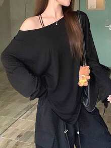 Loose Fit Hollow Back Long Sleeve T-Shirt For Women, Lightweight, Breathable, Sun Protection Spring Casual Black - Black - View 4